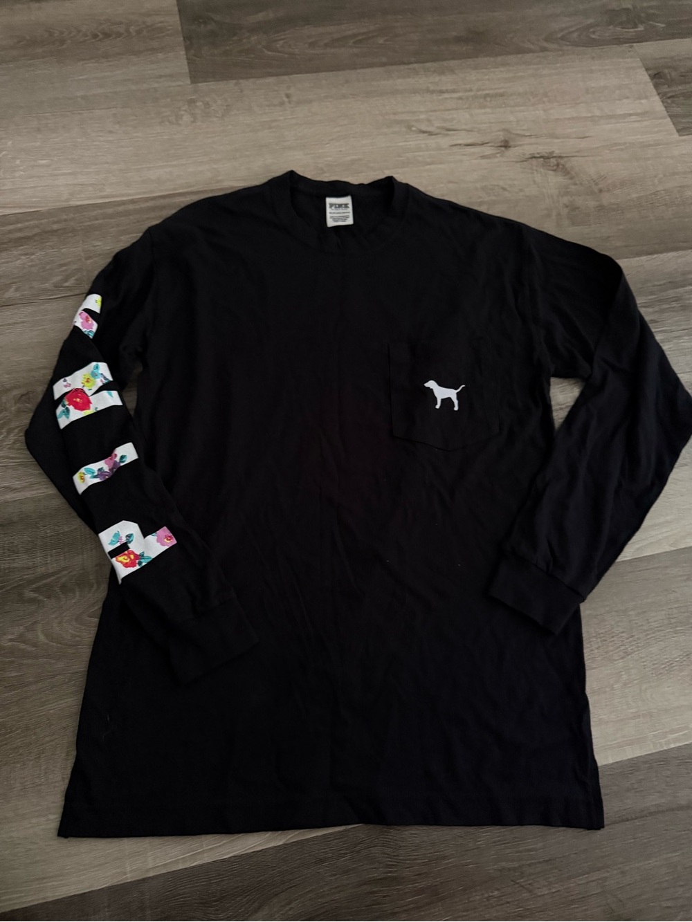 PINK Victoria's Secret Black Long-Sleeve Pocket Tee with Floral Sleeve Accents